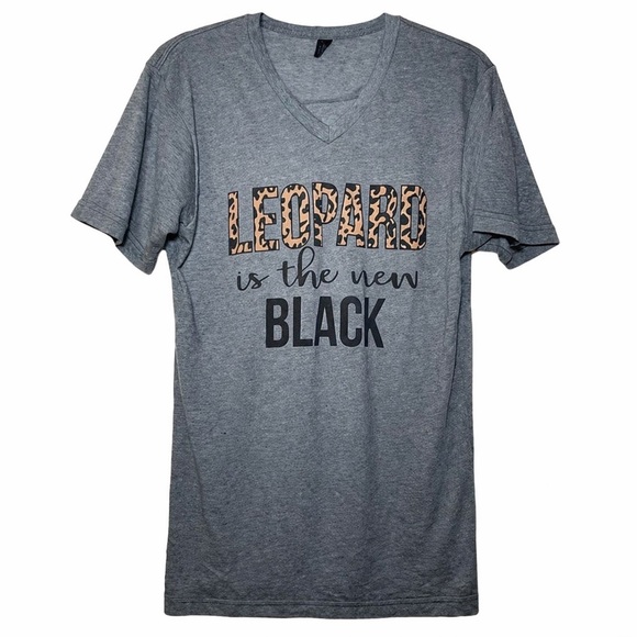 Tultex Tops - Tultex Grey V-Neck Women’s Shirt with Leopard Print Graphic